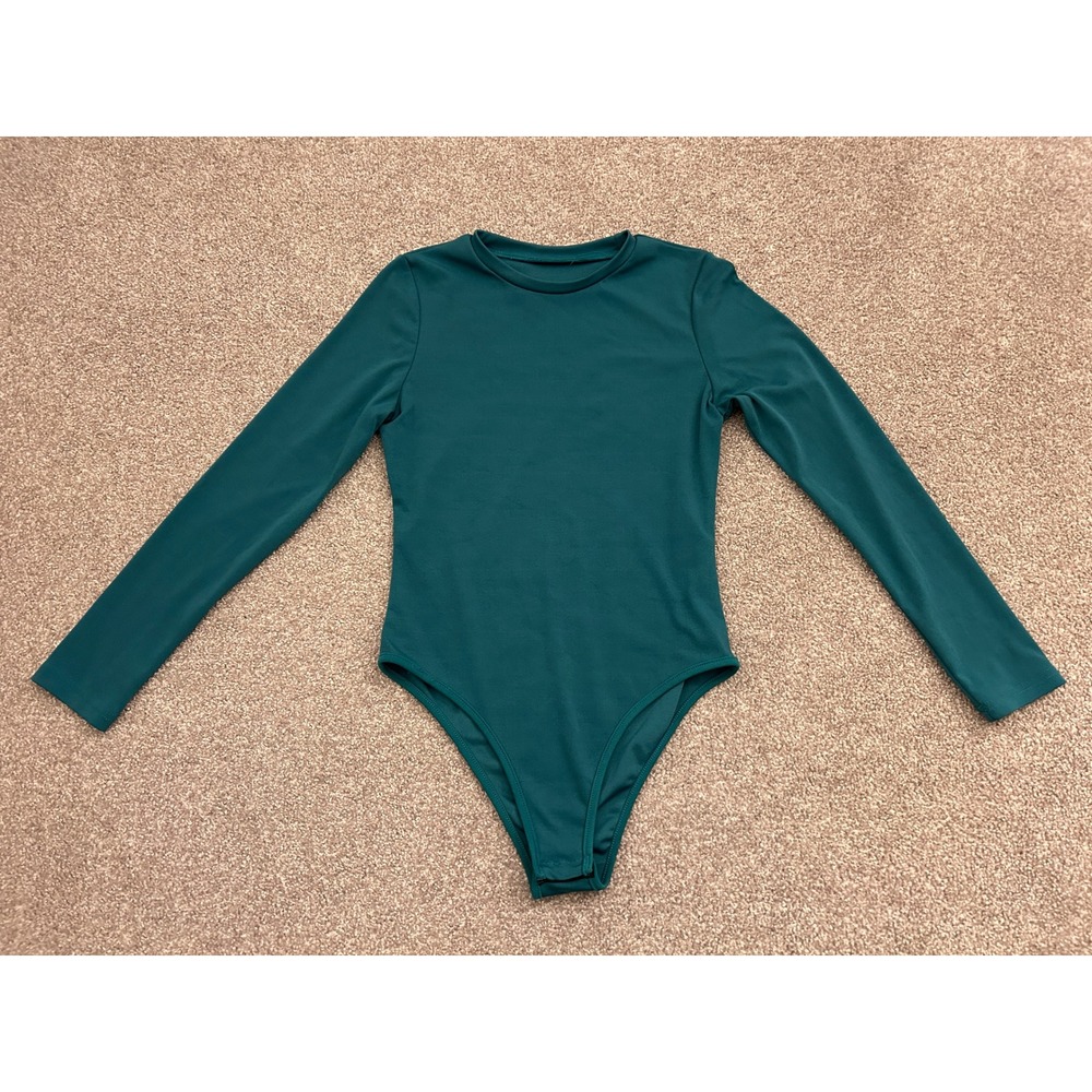 Academia Long Sleeve Bodysuit Womens Small Teal Green Excellent Crew Neck